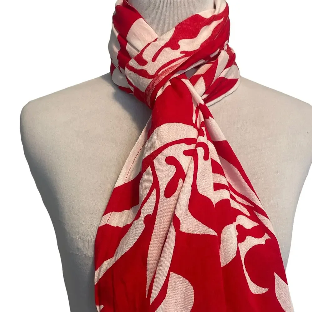 Dancing Gecko Hawaii Tropical Scarf Womens Red White Rectangle Fringed Aloha